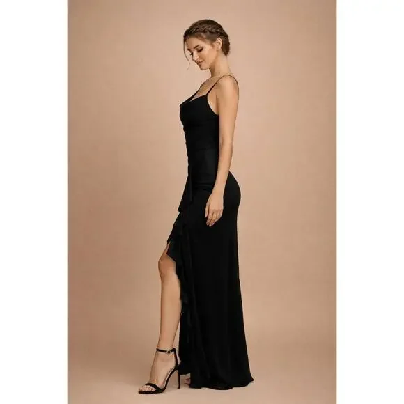 Shakira Formal Maxi Dress Women Medium Black Ruffle Slit Elegant Evening NWT - Picture 5 of 12